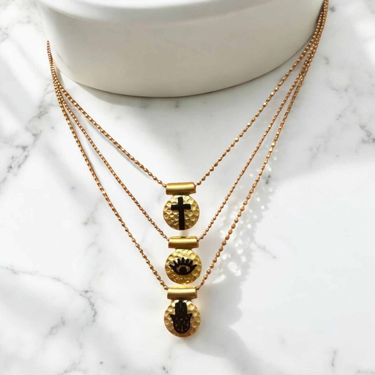 Mini Hammered Gold Medals – Faith, Eye & Hamsa