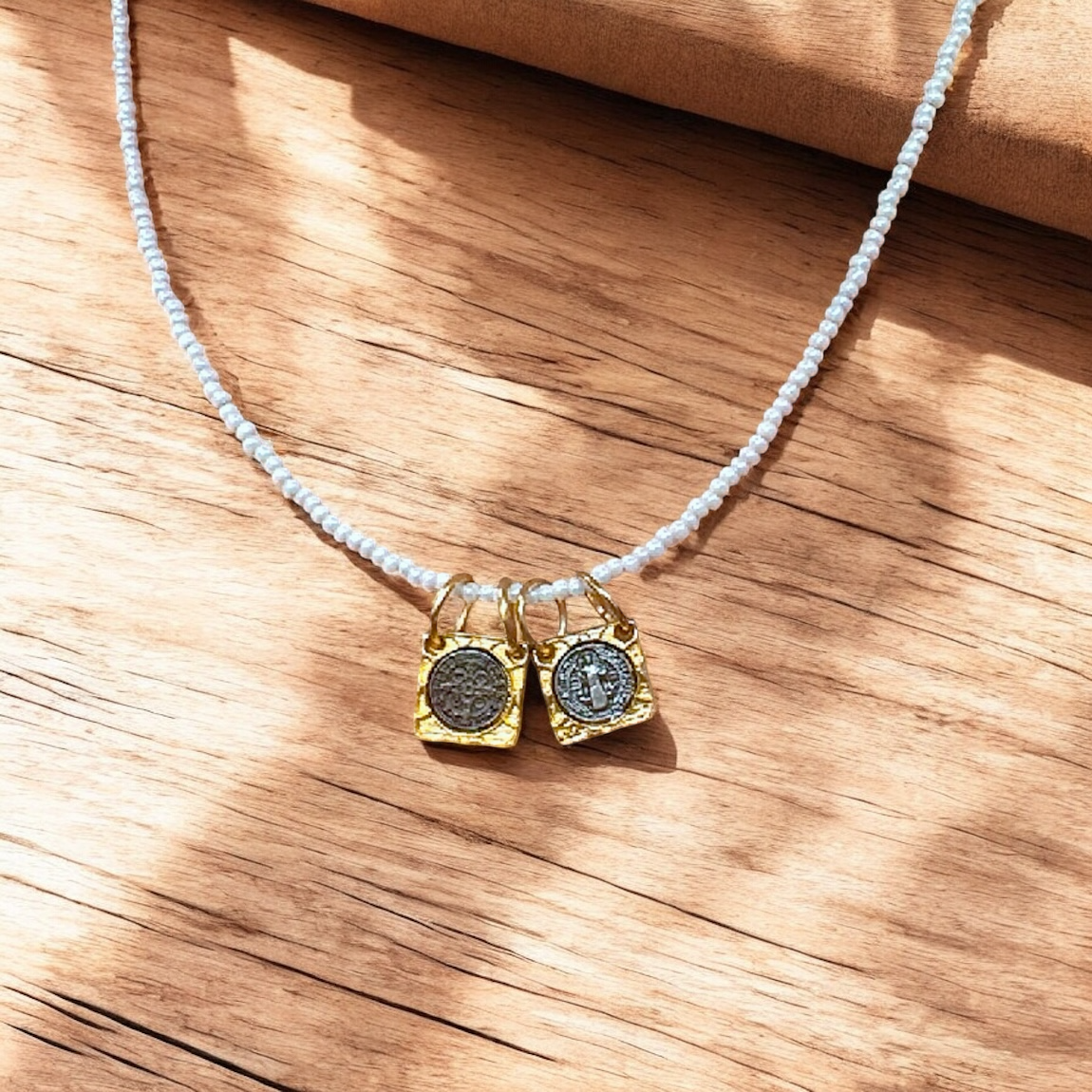 White Beaded Saint Benedict Scapular Necklace