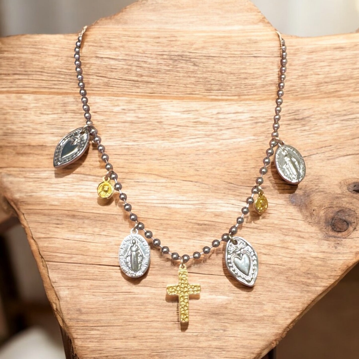 Multi-Saints Statement Necklace with Hammered Cross