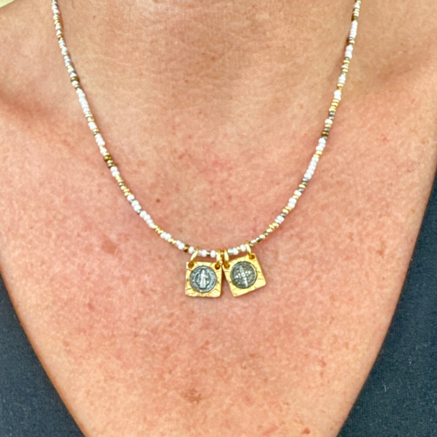 Golden-White Beaded Saint Benedict Scapular