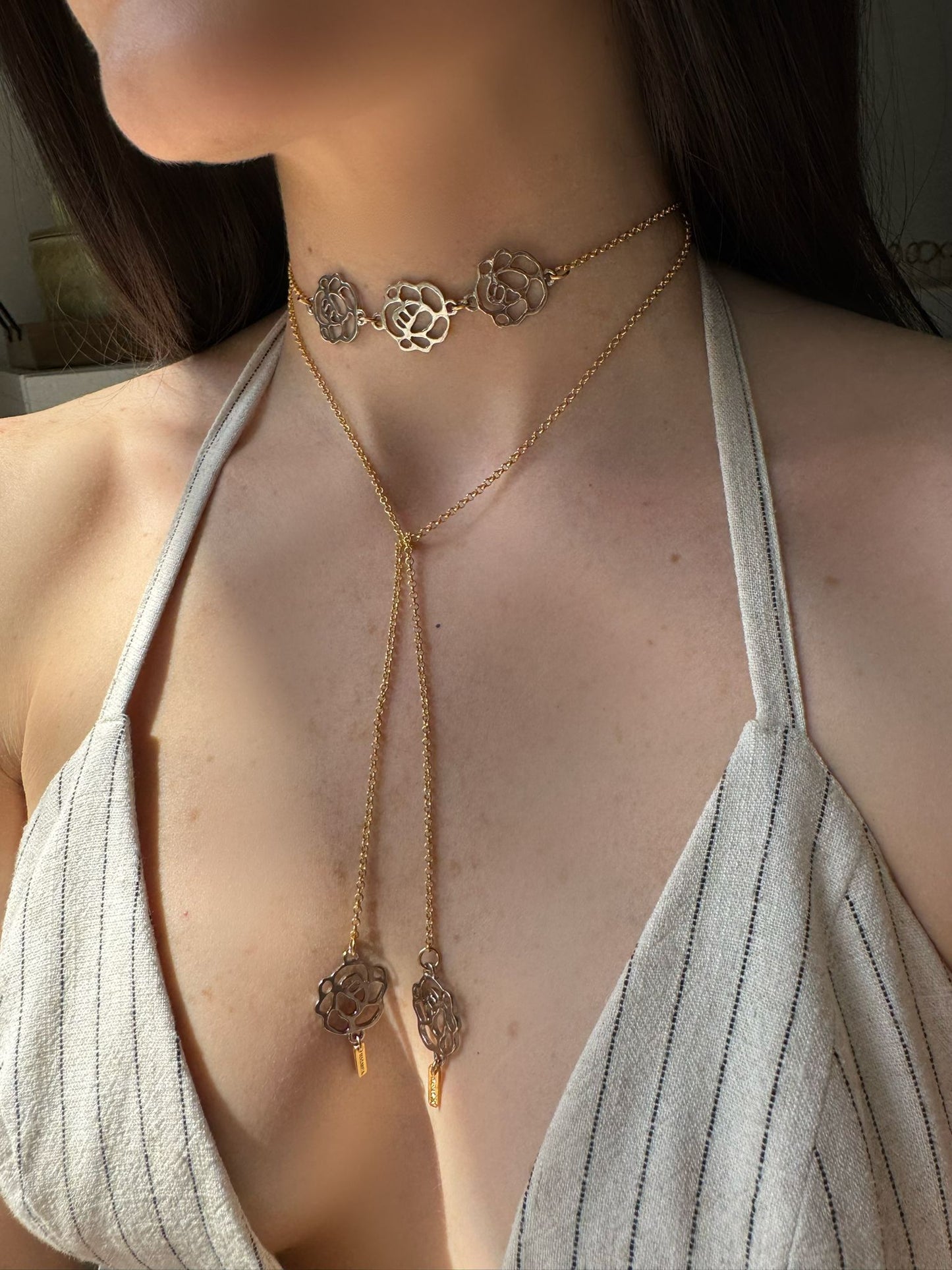 Rhodium Flower Lariat Necklace