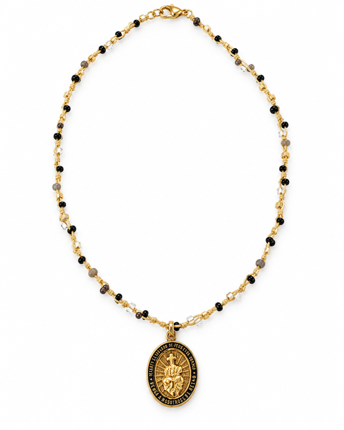 Sacred Heart Black Beaded Thread Necklace