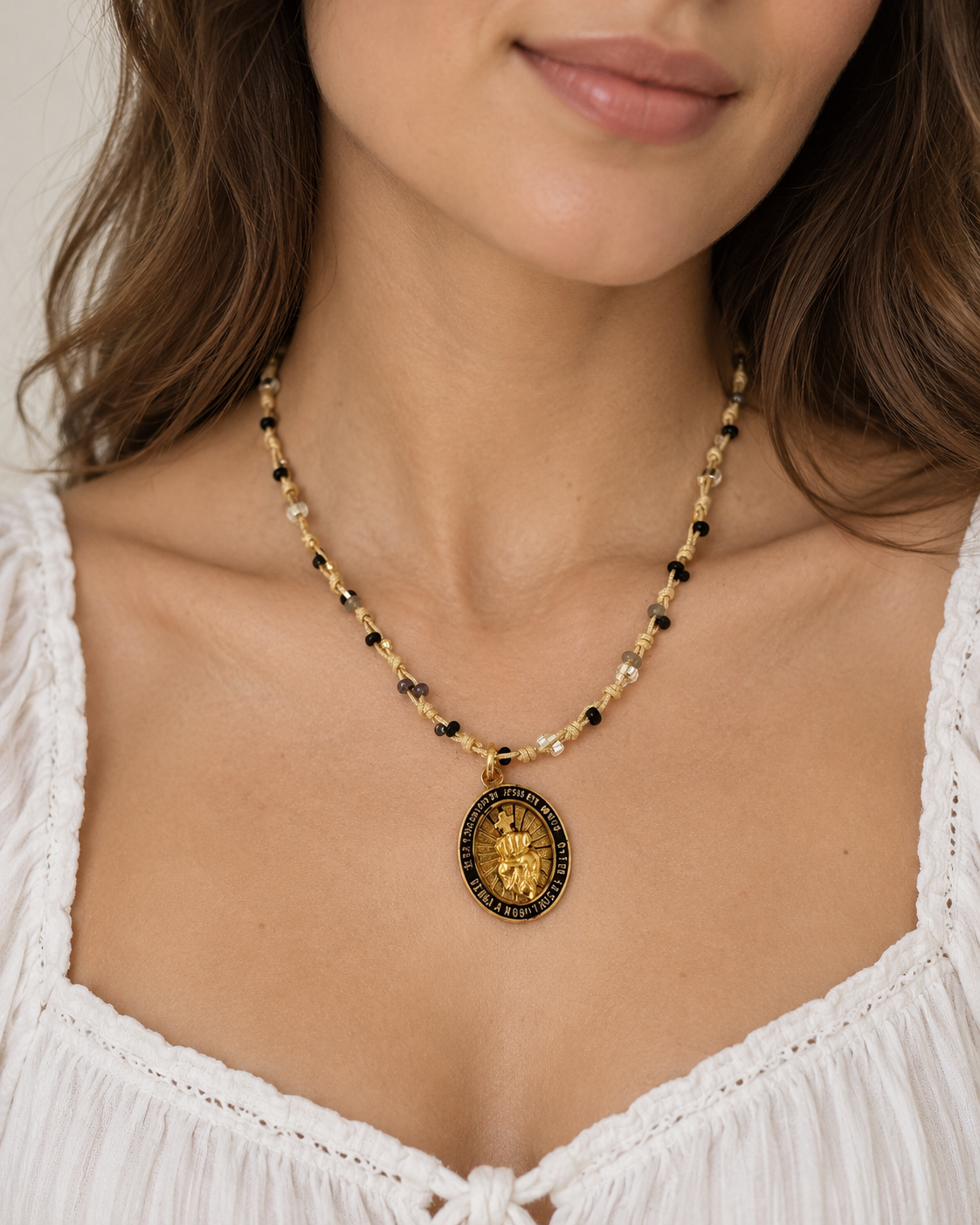 Sacred Heart Black Beaded Thread Necklace