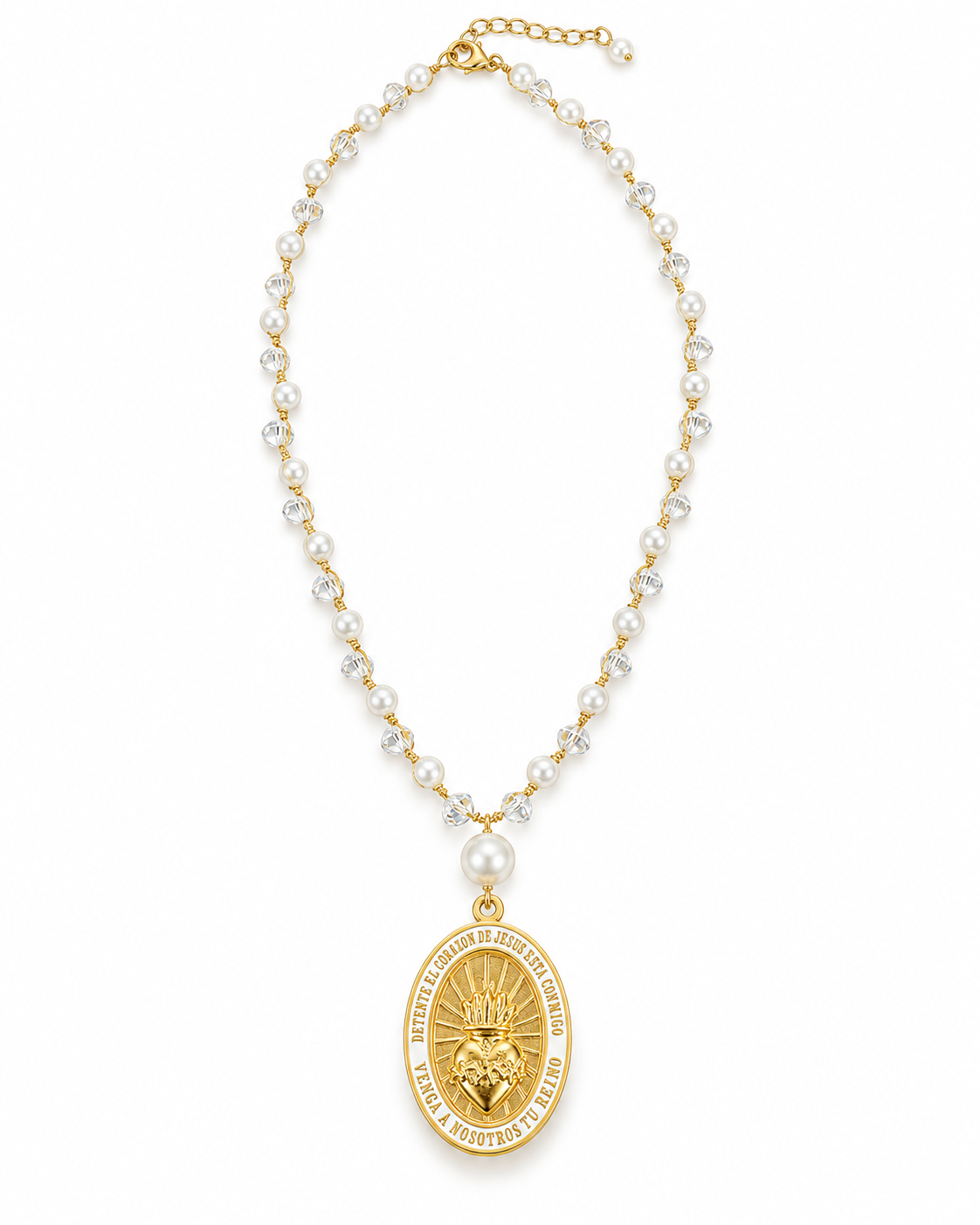 Sacred Heart Pearl & Crystal Necklace