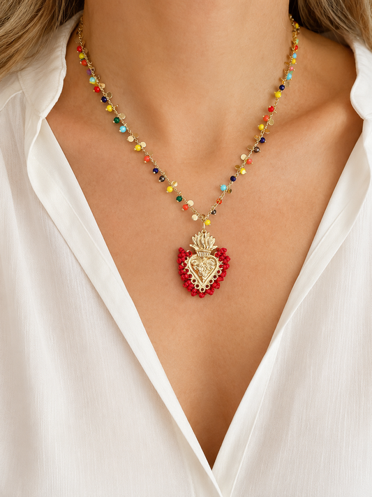 Sacred Heart Color Beaded Gold Edition Necklace