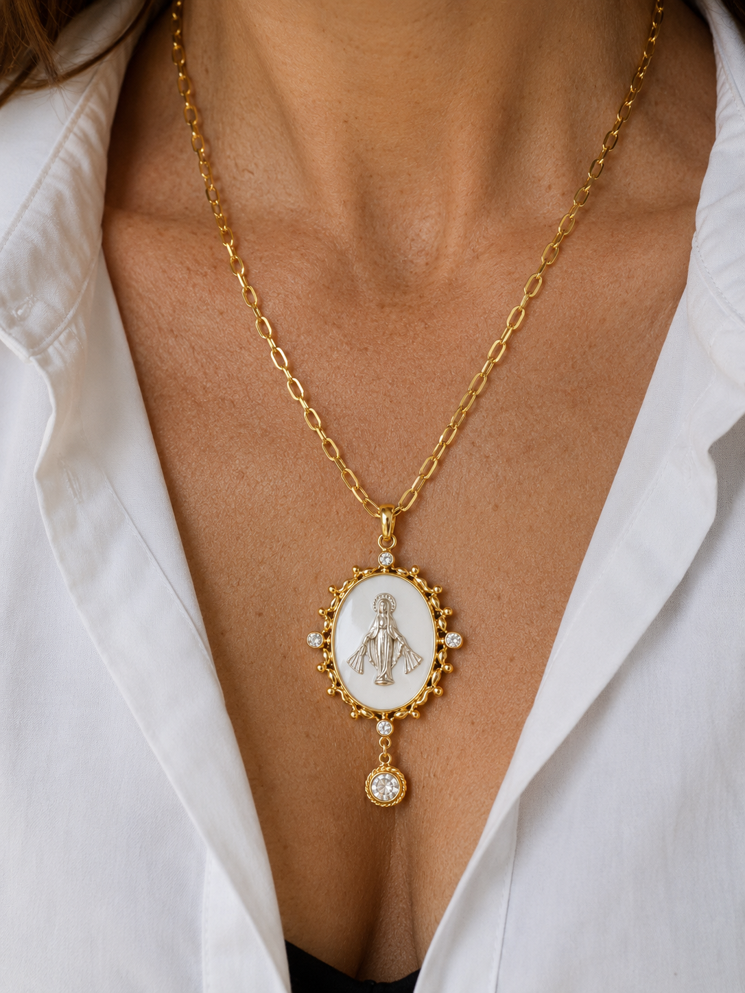 Celestial Grand Oval Necklace – Miraculous Virgin And Agave Signature Link Chain