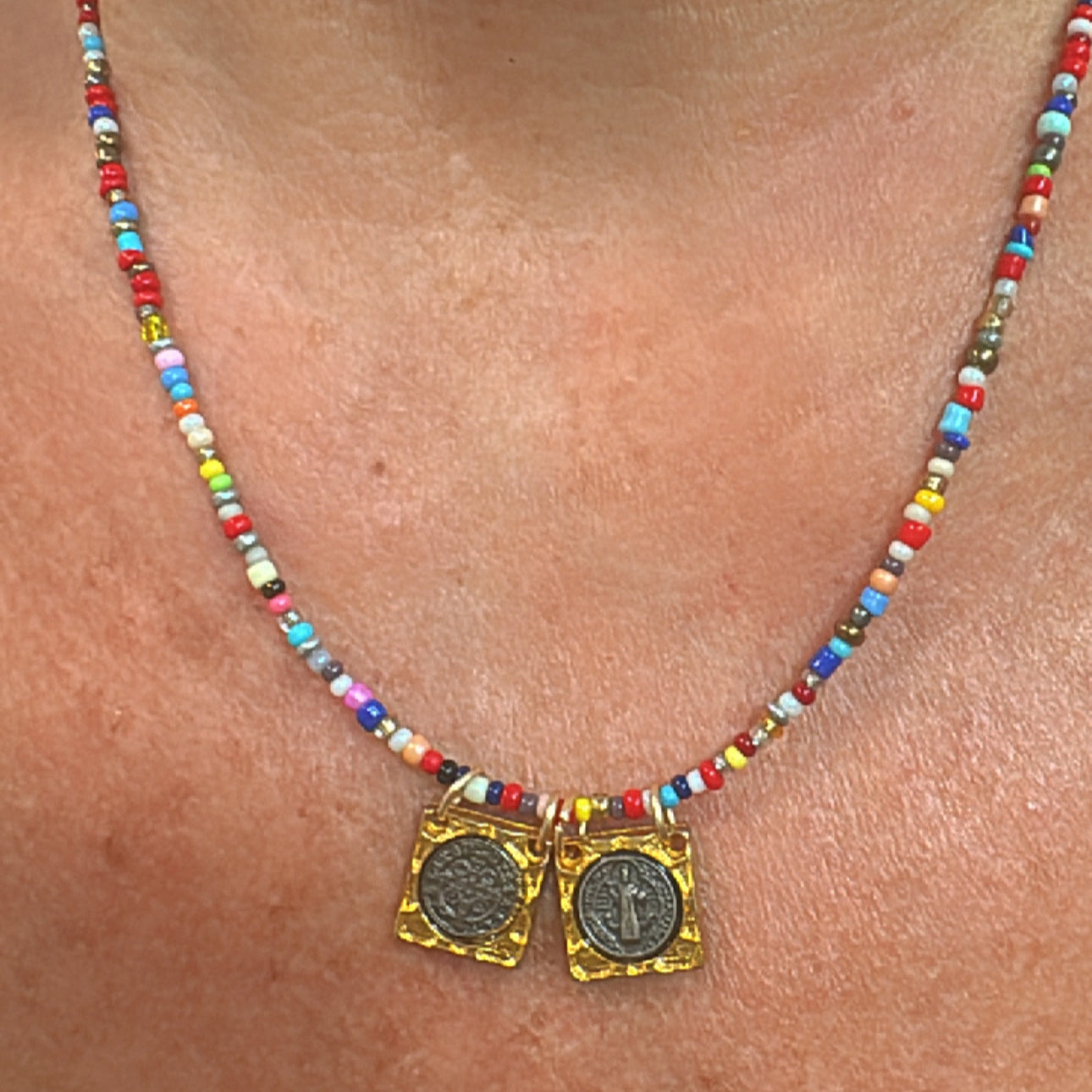 Multicolor Beaded Saint Benedict Scapular Necklace