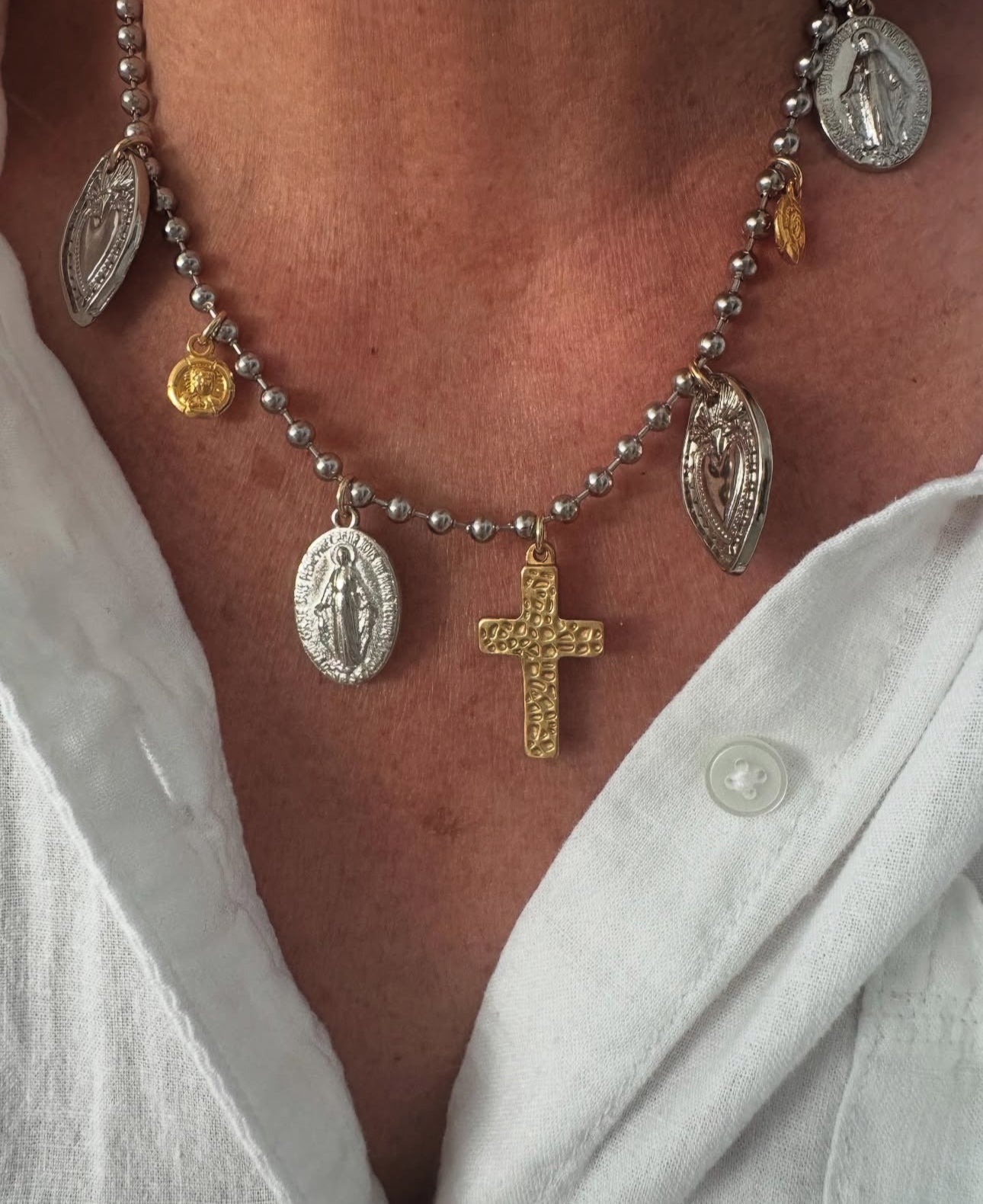 Multi-Saints Statement Necklace with Hammered Cross