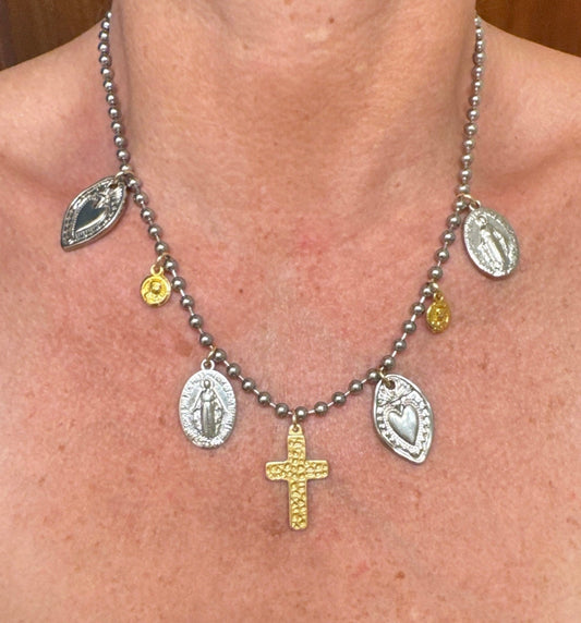 Multi-Saints Statement Necklace with Hammered Cross