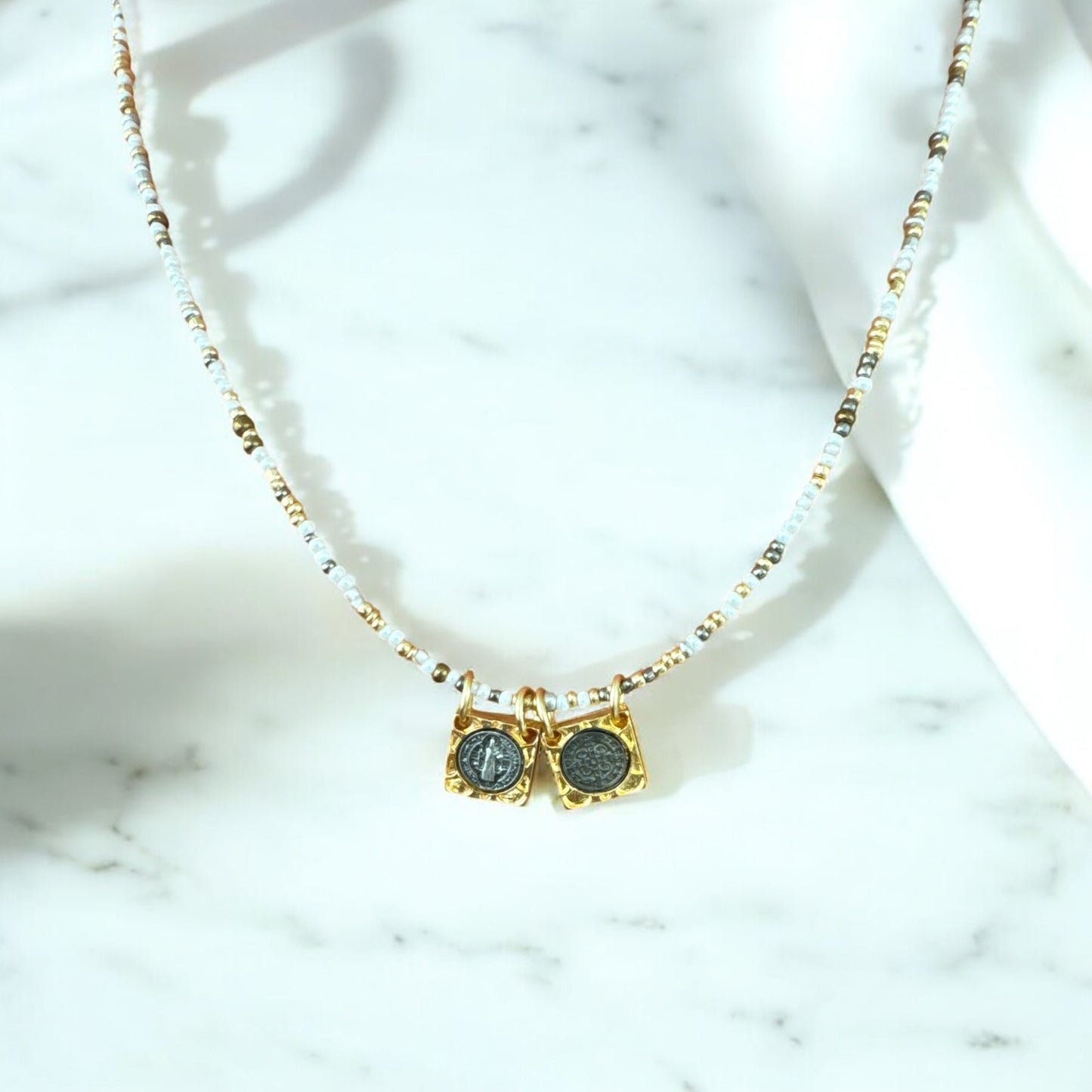 Golden-White Beaded Saint Benedict Scapular